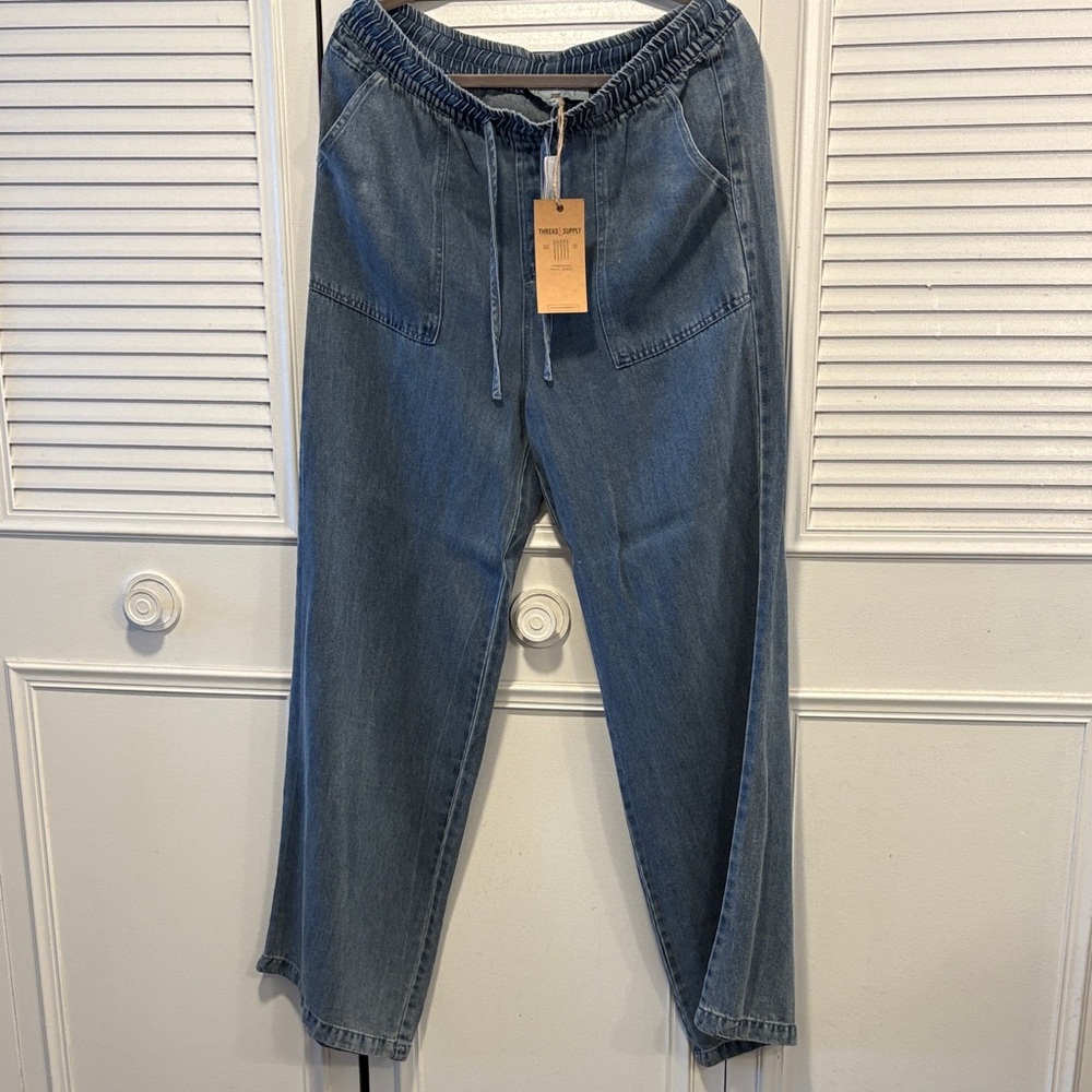 Elastic Waist Wide-leg Flowy Medium Blue Denim Jeans